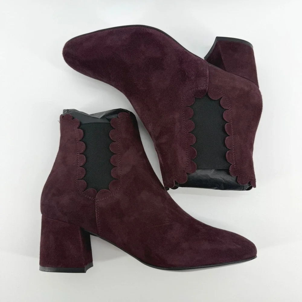 Ava & Aiden Burgundy Suede Scalloped Trim Block Heel Ankle Boots Size 38 Spain